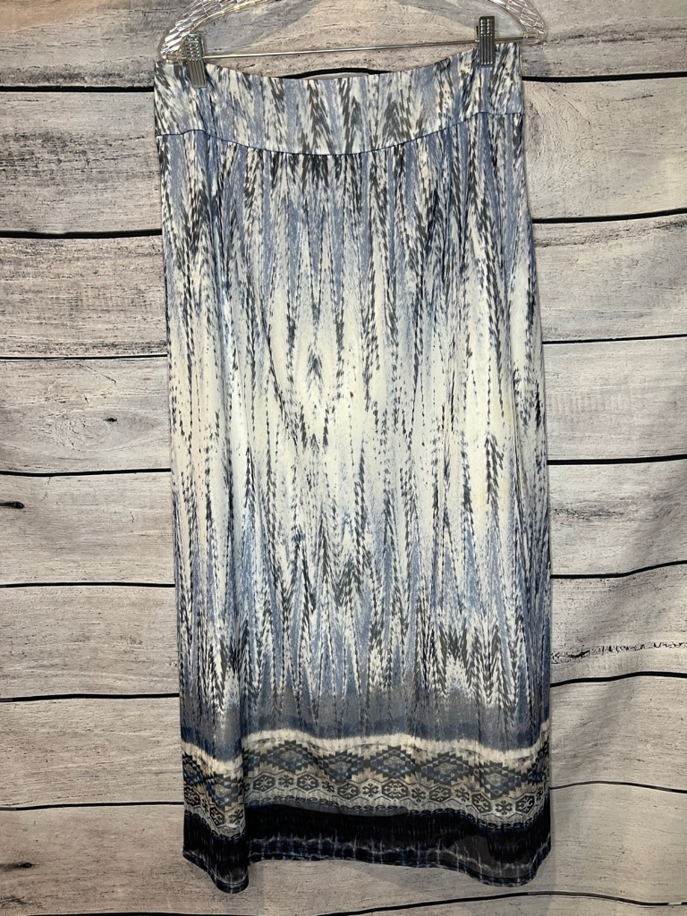 Chico's Melissa Tribal Boho Aztec Maxi Skirt Blue Grey White Long Nylon Stretch